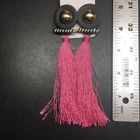 Retro 80s Pierced Earrings Pink Tassel Black White Circle Bar Domed Gold Barbie - Picture 3 of 3